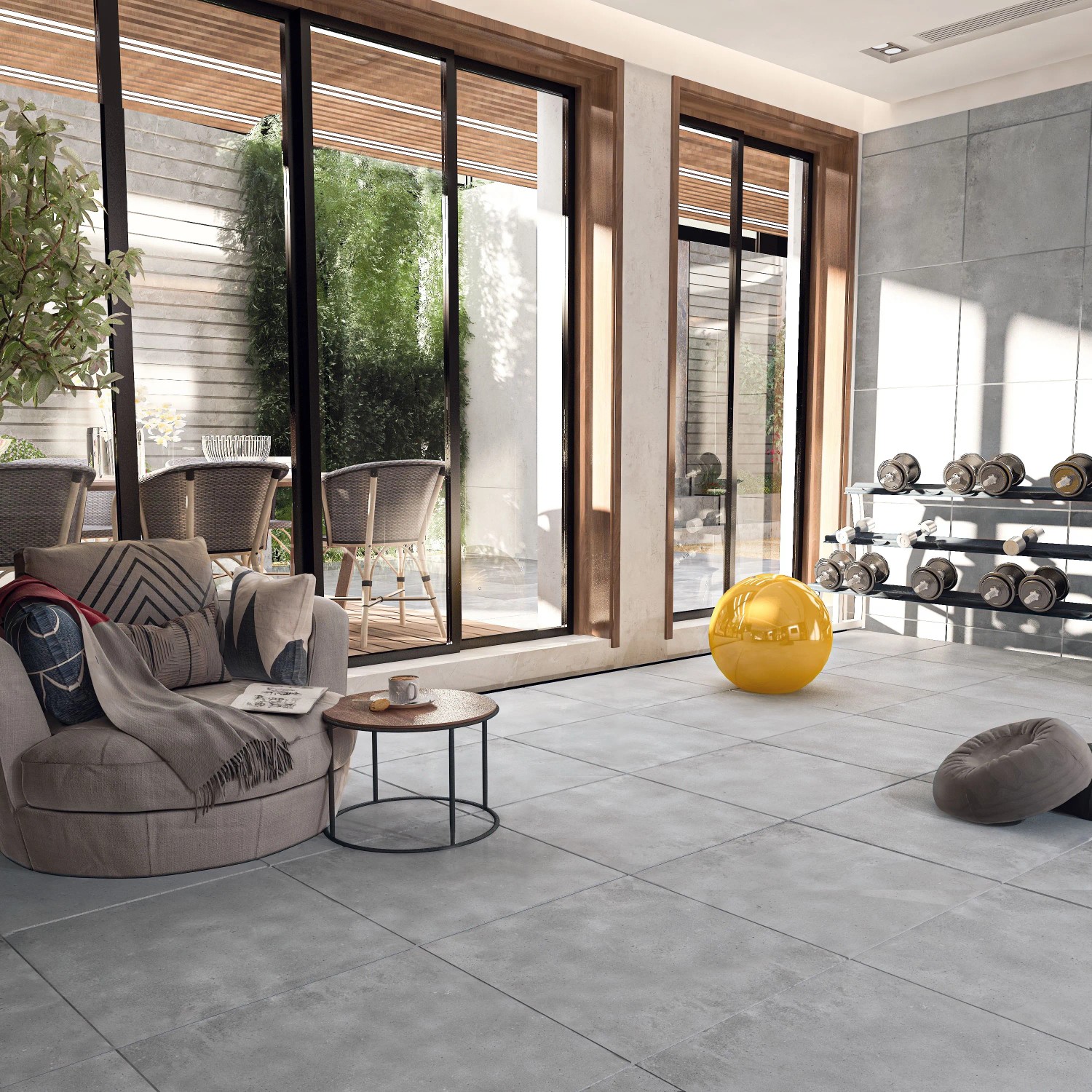 Verlegtes, graues Feinsteinzeug (60x60) im Wohnraum. Moderne Bodenfliese in Betonoptik.