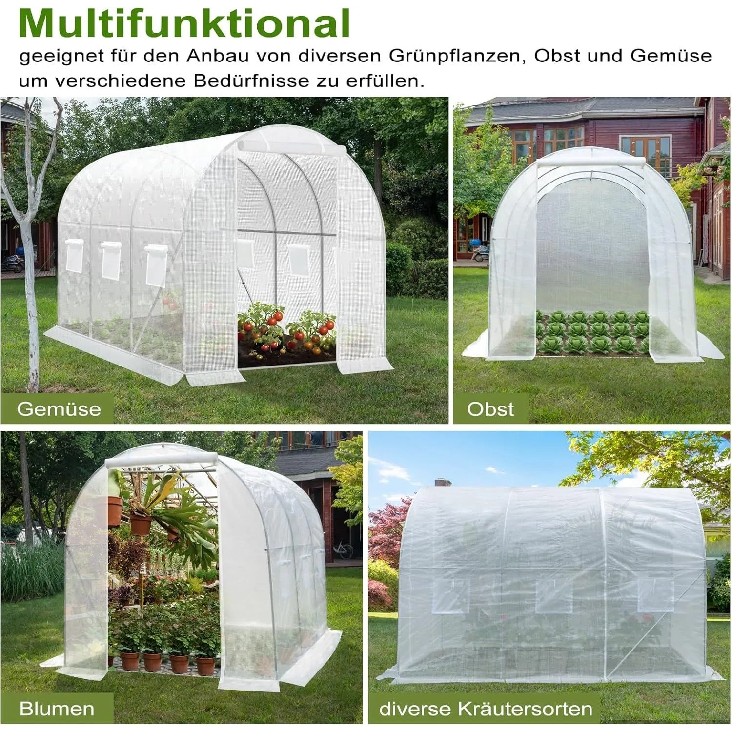 WOLTU Gewächshaus, 300x200x200 cm, weiß, mit Tür und 6 Fenstern für Gemüse, Obst, Blumen und Kräuter.