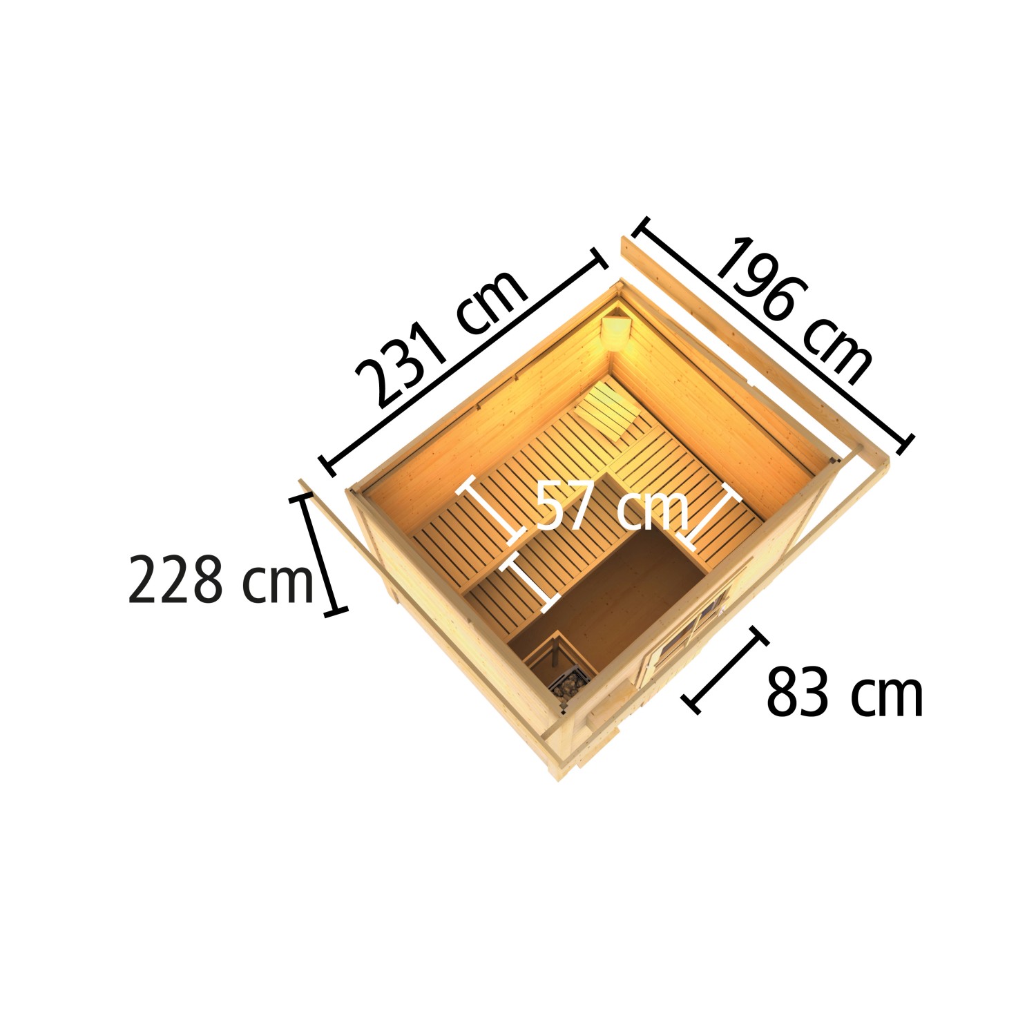 Karibu Saunahaus Arvi 3 Set, Terragrau, mit Maßen. Draufsicht auf die Sauna mit Bänken und Ofen.