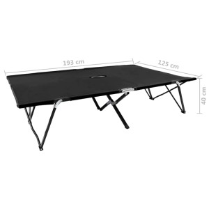Schwarze, klappbare Doppelliege aus Stahl, geeignet für Camping und Outdoor-Aktivitäten.