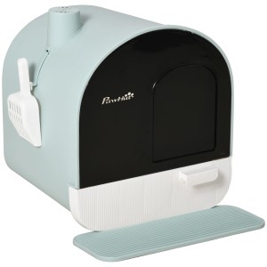 PawHut Katzentoilette mit Deckel, Streuschaufel und Schmutzfangmatte in Pastellfarben.