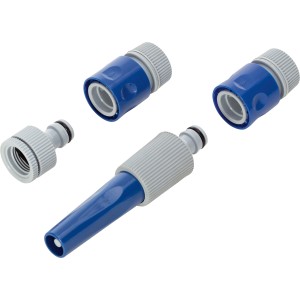 Zubehör-Set für LUX Wand-Schlauchbox Classic 20 m: Schlauchverbinder und Gartenspritze.