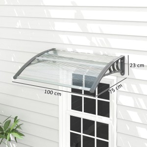 Outsunny Vordach aus Polycarbonat, silberne Halterung, 100x75x23 cm, über Fenster an weißer Wand. Wetterschutz.