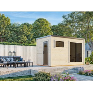 Palmako Sauna Grace, 390x230 cm, naturbelassen. Leimholz-Saunahaus mit Panoramafenster und separater Umkleide.