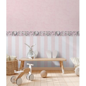 A.S. Creation Vlies-Bordüre mit Blümchen und Vögeln in Grün, Rosa und Lila im Kinderzimmer.
