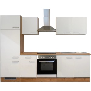 Moderne Küchenzeile Vintea 270 cm in Magnolia/Lancelot Oak mit E-Geräten und Dunstabzugshaube.