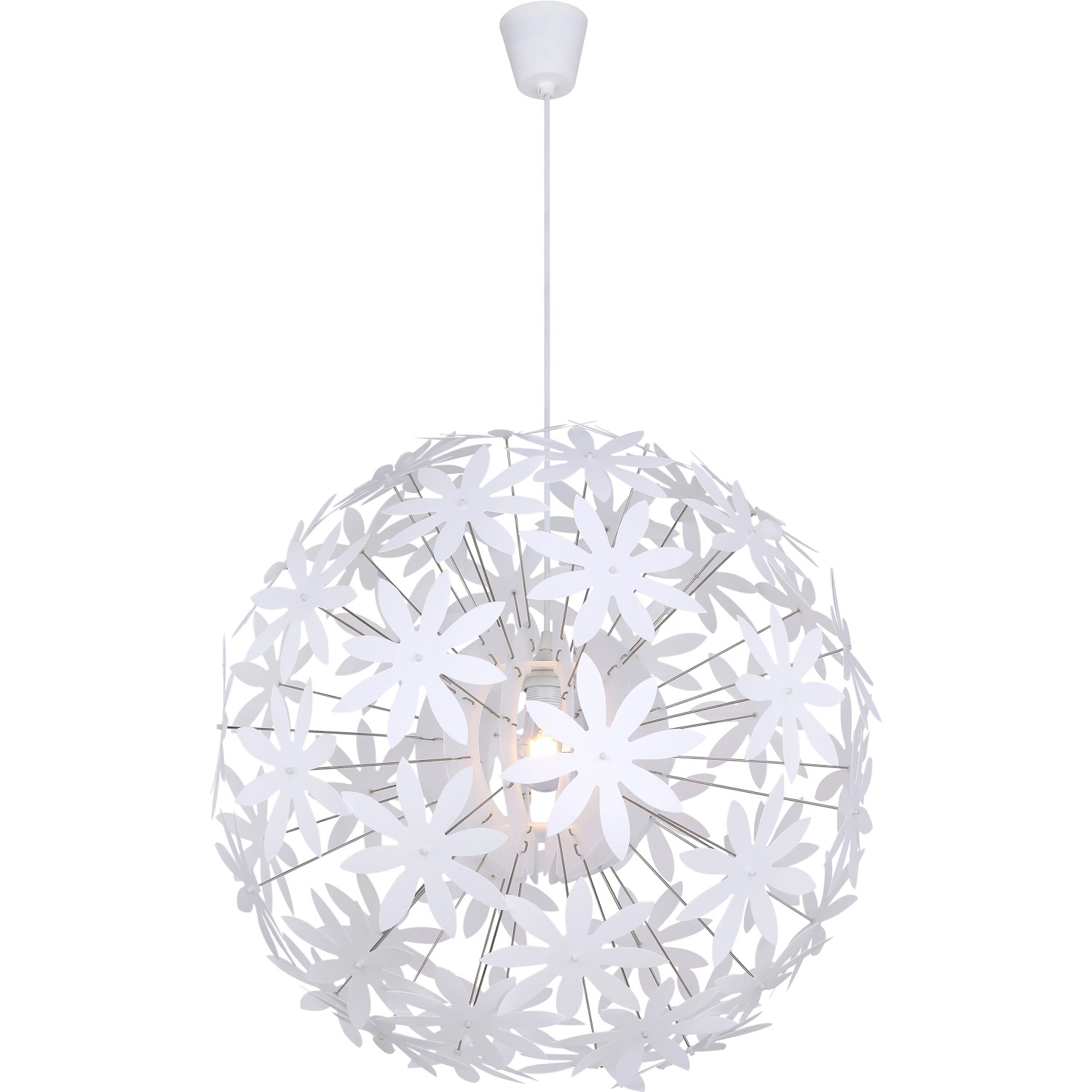 Weiße Globo Pendelleuchte Stella mit Blüten-Design, eine dekorative Hängeleuchte für den Innenbereich.