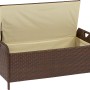 Geöffnete, braune Kissenbox Davenport aus Polyrattan mit Innenverkleidung.