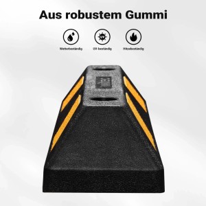 Schwarzer Gummi-Radstopper mit gelben Reflexstreifen, Befestigungslöchern. Robuste Einparkhilfe & Anfahrschutz für Garage.