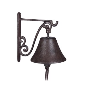 Antikbraune Gusseisen Türglocke mit Wandhalterung im Vintage Landhausstil für Garten & Eingangsbereich.