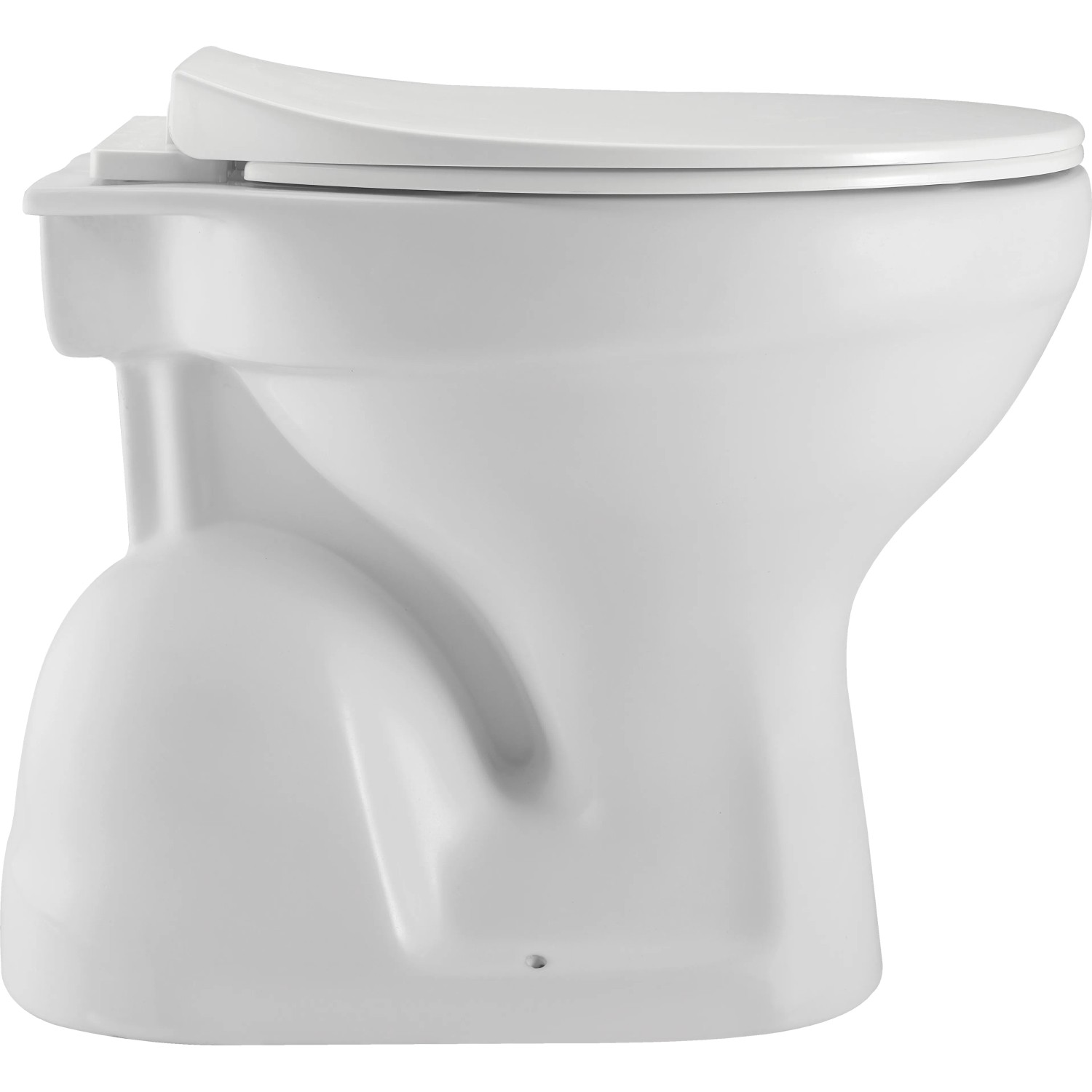 Weißes Stand-WC mit S-Abgang, 53x36x39 cm, aus Keramik mit geschlossenem Deckel.