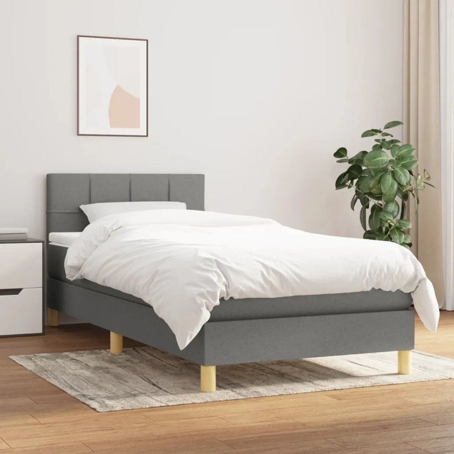 Dunkelgraues Boxspringbett (80x200 cm) mit Matratze und Kopfteil. Stoffbezug, Holzfüße.