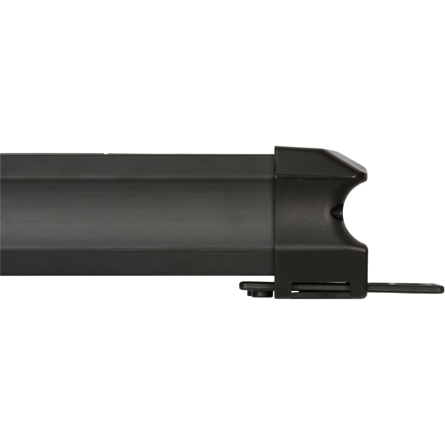 Detailaufnahme: Schwarze Brennenstuhl Premium-Line 6-fach Steckdosenleiste mit Schalter und Wandhalterung.