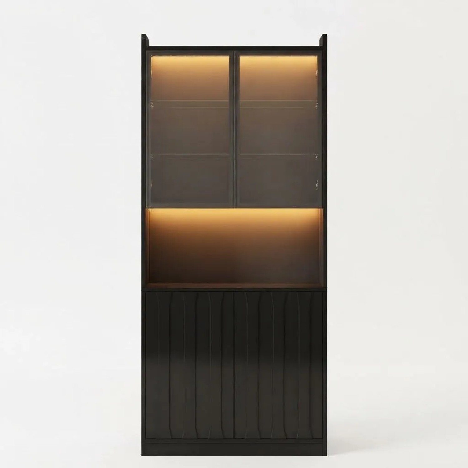 Merax Vitrine mit LED Glastüren Offenen Fächern Schwarz 80x35x200 cm