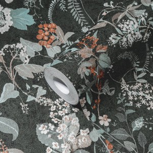 PROFHOME Vliestapete mit Blumenmuster in Schwarz, Grau, Petrol und Rot.