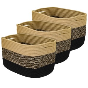 HMF 39010-37CM-81 Aufbewahrungskorb Versteckten Griffen 3er Set Korb Baumwolle 37 x 25 x 22 cm Schwarz-Honig