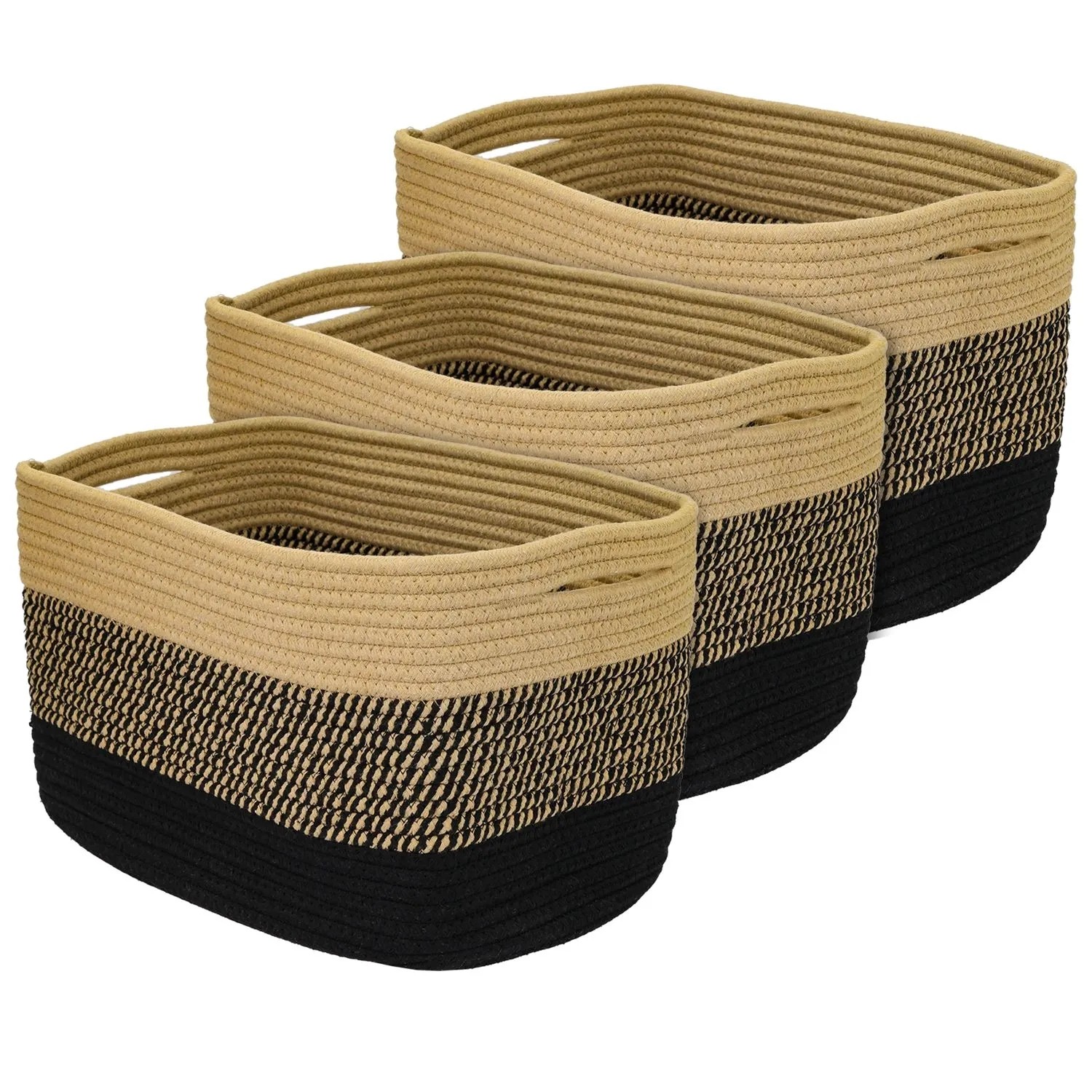 HMF 39010-37CM-81 Aufbewahrungskorb Versteckten Griffen 3er Set Korb Baumwolle 37 x 25 x 22 cm Schwarz-Honig