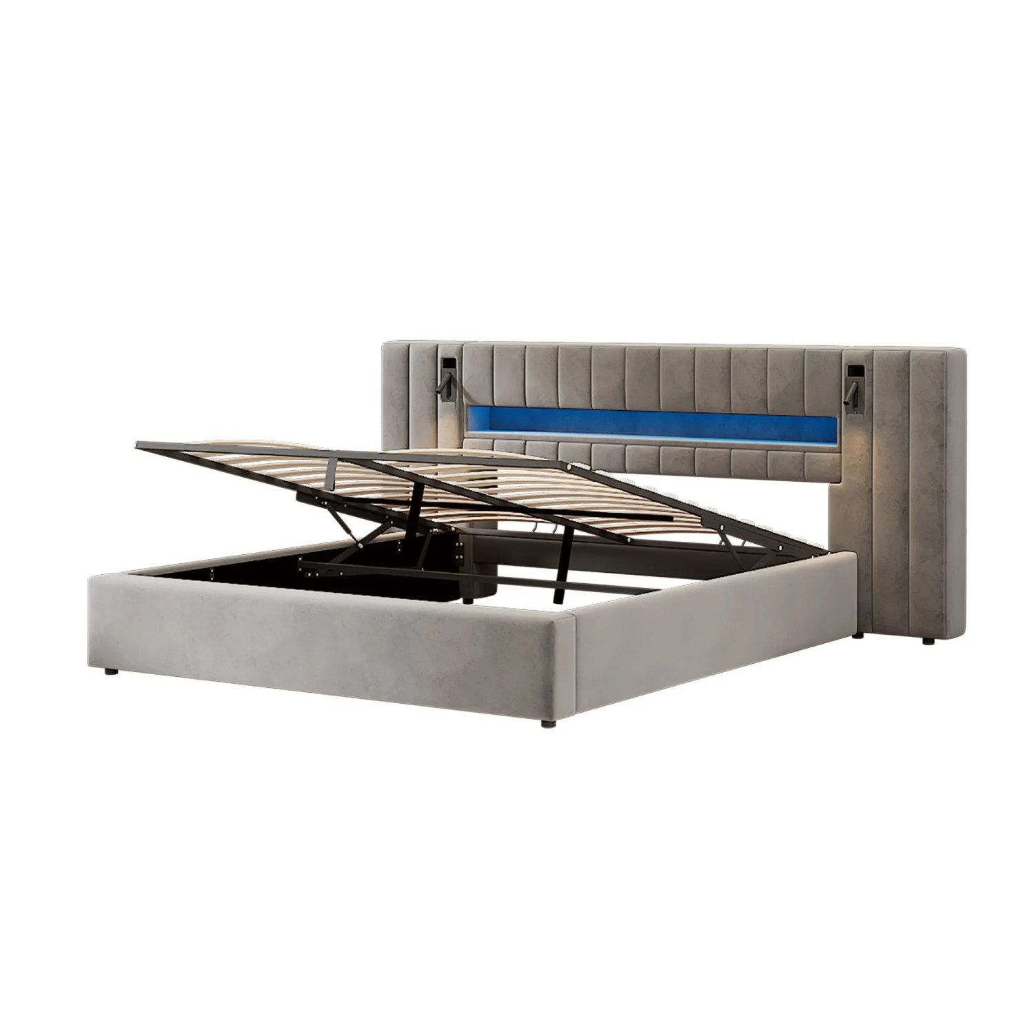 Merax Polsterbett 180x200 Stauraumbett mit USB LED Nachttischlampe Samt Grau