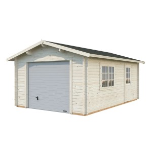 Palmako Holzgarage Roger mit Sektionaltor, naturbelassene Fertiggarage aus Fichtenholz mit Fenster und Tür.