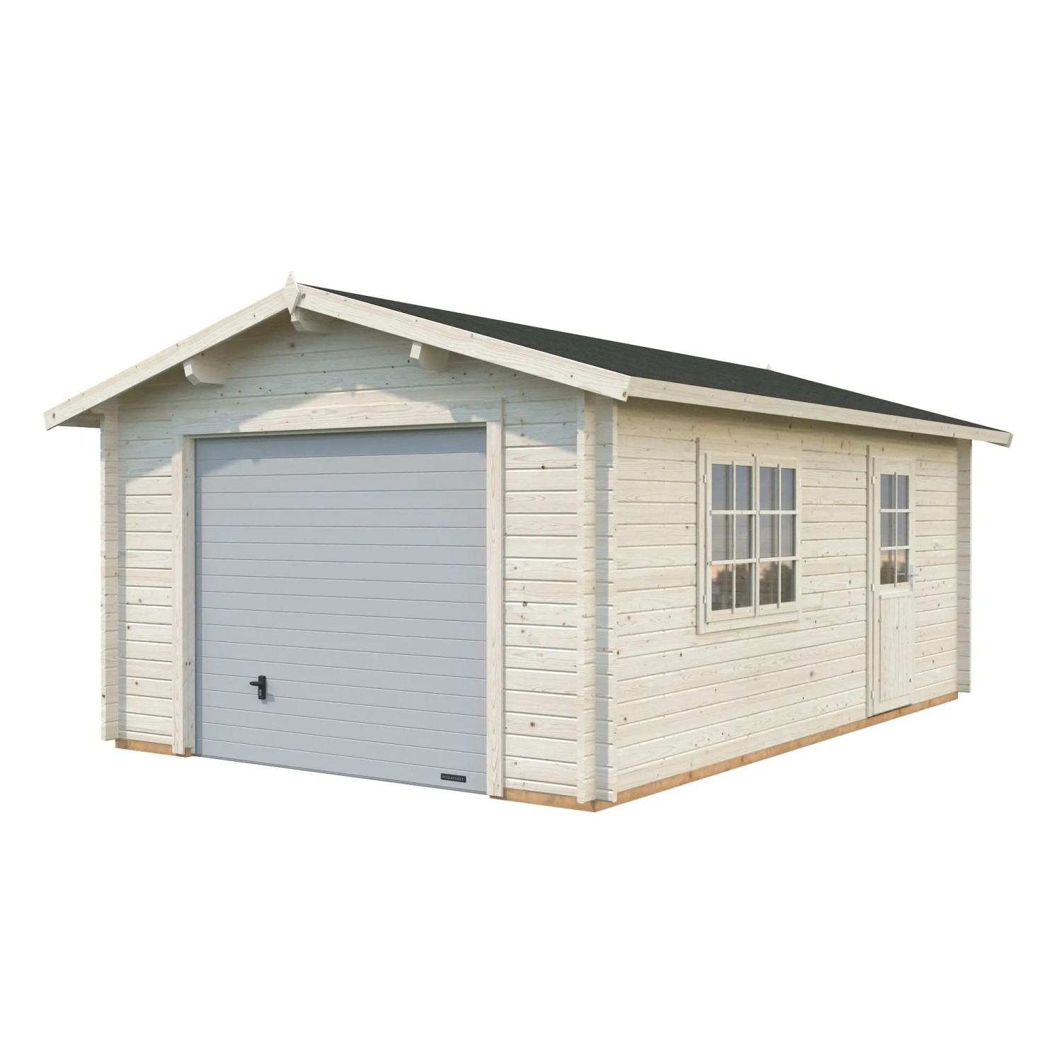 Palmako Holzgarage Roger mit Sektionaltor, naturbelassene Fertiggarage aus Fichtenholz mit Fenster und Tür.