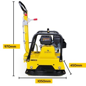 Gelbe BAMATO Rüttelplatte R-135RV mit Vor- und Rücklauf. Robuste Baumaschine, 970x1050x450mm.