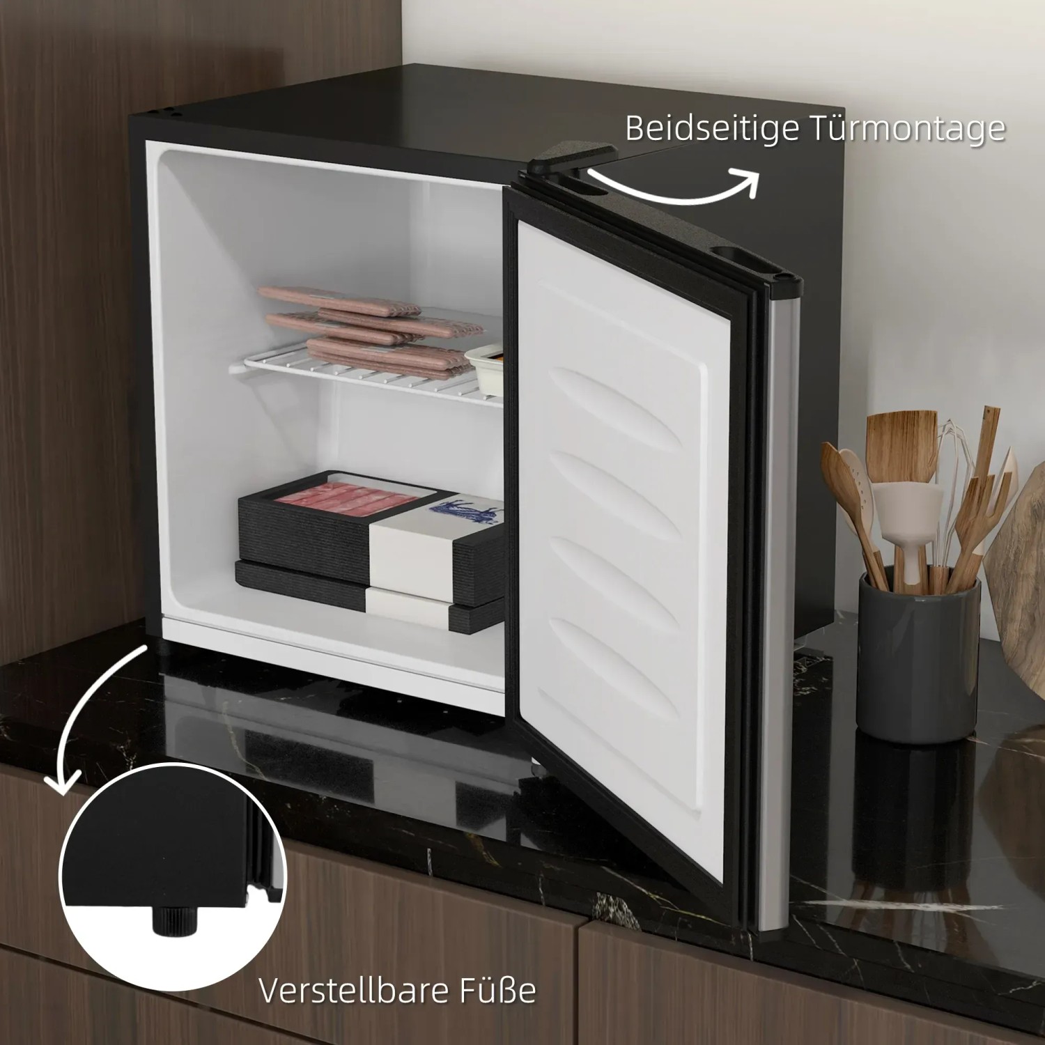 HOMCOM Mini Gefrierschrank, silberfarben, mit offener Tür und Lebensmitteln im Innenraum.