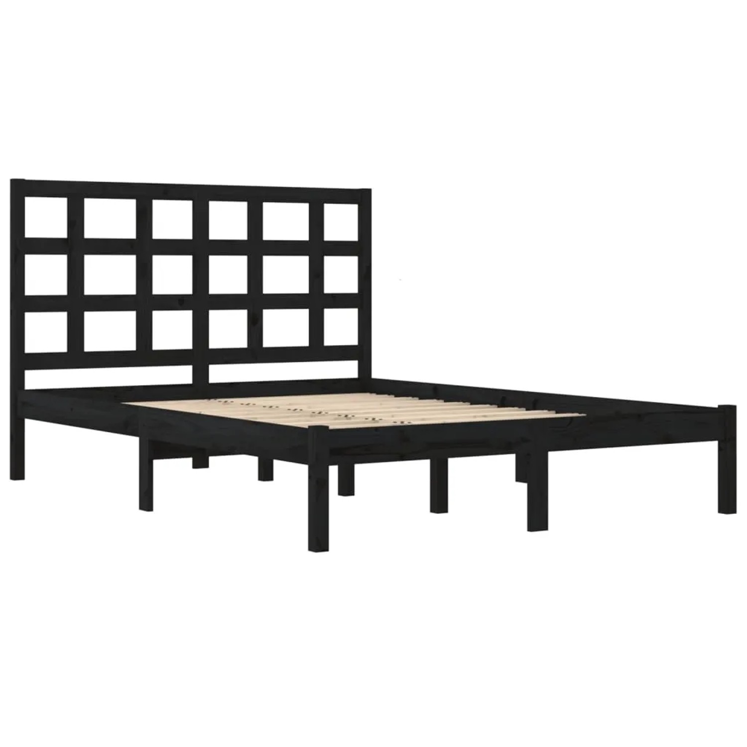 Schwarzes Massivholzbett 200x200 cm mit Lattenrost und Kopfteil für Schlafzimmer.