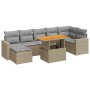 Beige 8-tlg. vidaXL Garten-Sofagarnitur aus Rattan mit hellgrauen Kissen und höhenverstellbarem Tisch.
