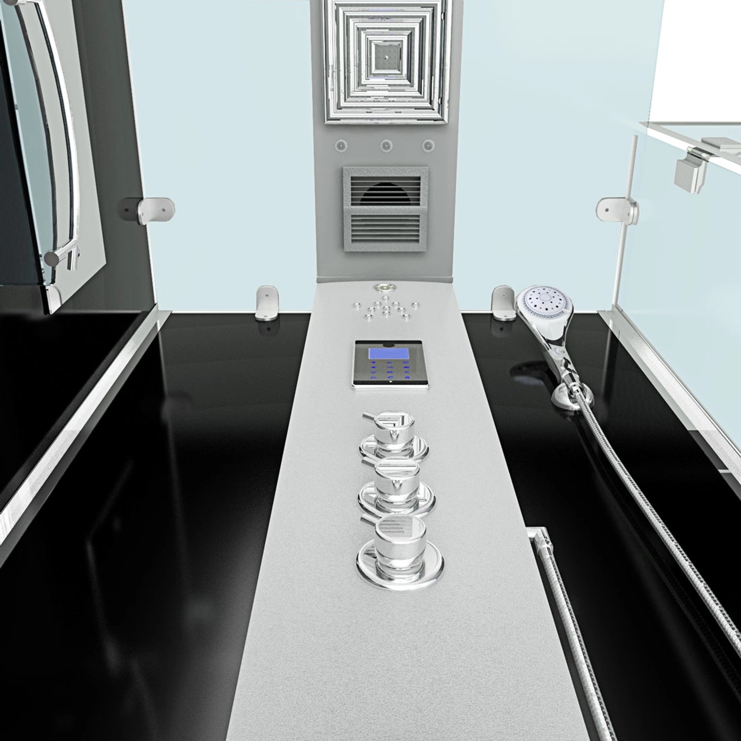 Innenansicht der AquaVapore Duschkabine 80x80 mit Bedienelementen, Handbrause und schwarzer Rückwand.