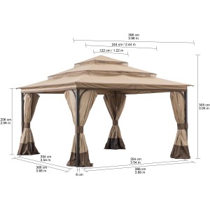 Brauner Sunjoy Pavillon Ropi, 395x395 cm, mit Stoffdach, Stahlrahmen und Moskitonetz.