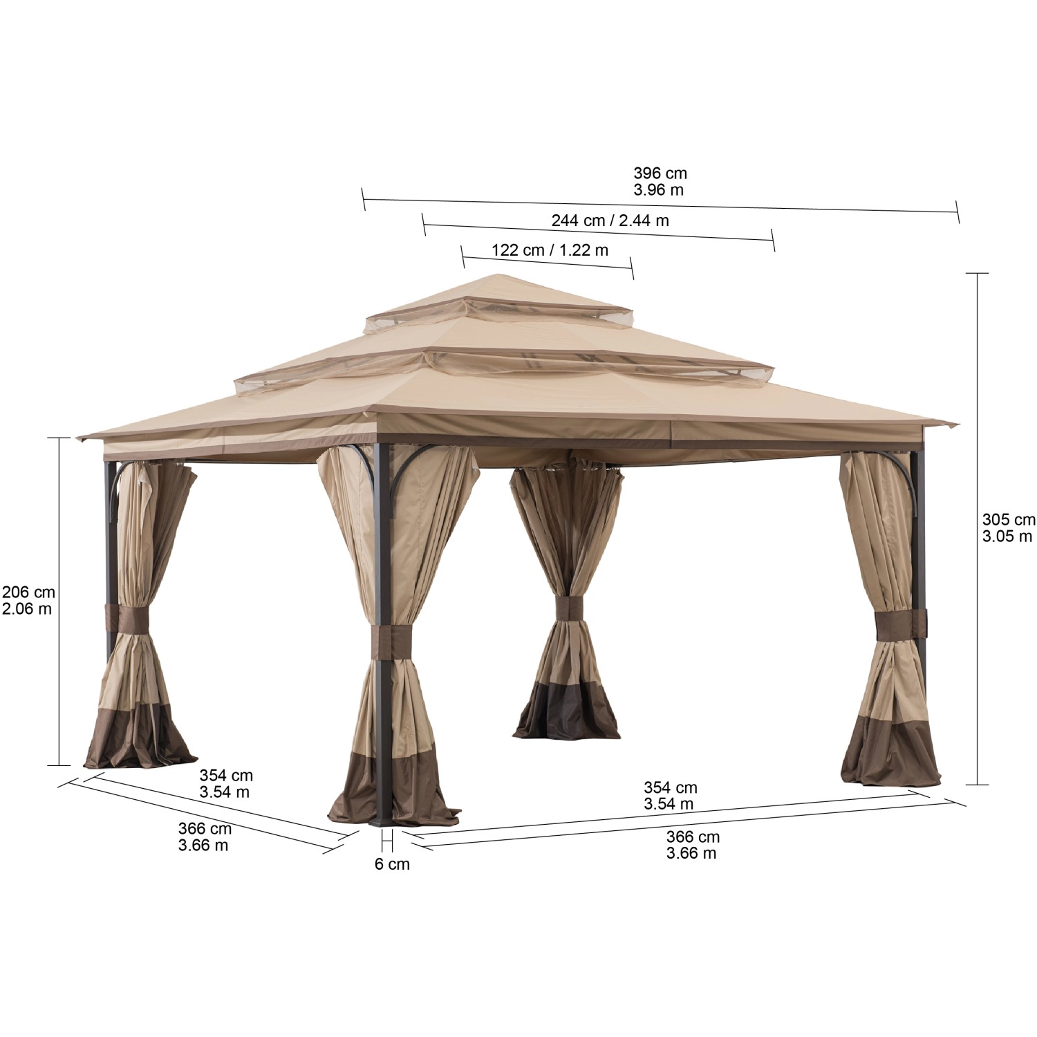 Brauner Sunjoy Pavillon Ropi, 395x395 cm, mit Stoffdach, Stahlrahmen und Moskitonetz.