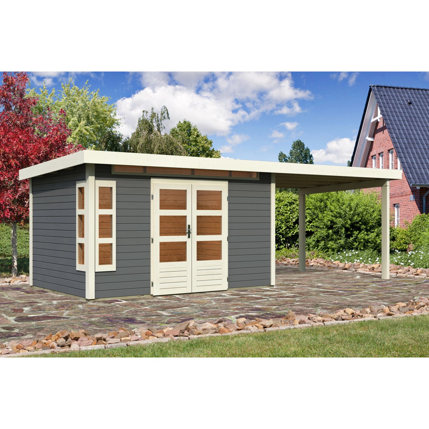 Karibu Holz-Gartenhaus/Gerätehaus Kastberg Terragrau Flachdach Lackiert 360 cm x 240 cm