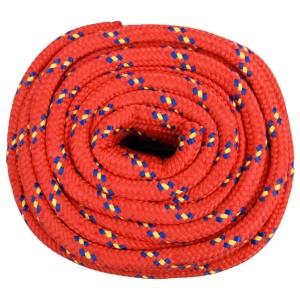 Aufgerolltes rotes Bootsseil aus Polypropylen, 18 mm, mit blauen und gelben Sprenkeln, für Boote.