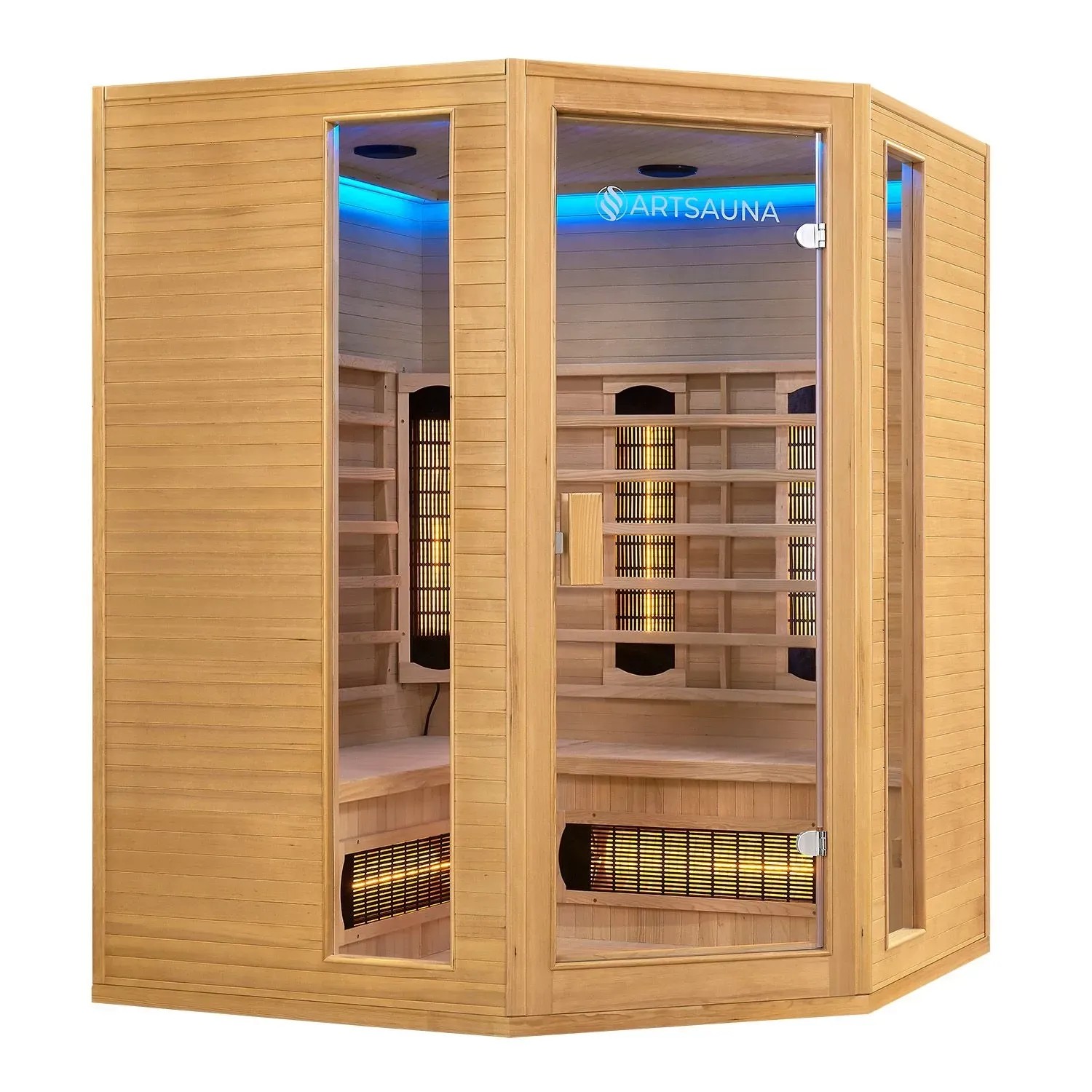 Artsauna Infrarotkabine Nyborg E150V aus Hemlockholz mit Glasfront und Vollspektrumstrahlern.