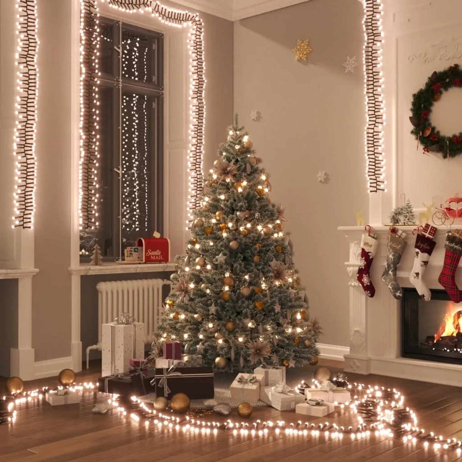 Festlich dekorierter Raum mit warmweißer LED-Lichterkette (23m) von vidaXL um Fenster, Baum und Boden.