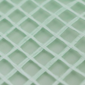 Nahaufnahme der transparenten Aquagart Gitterfolie mit grünem Gittergewebe.