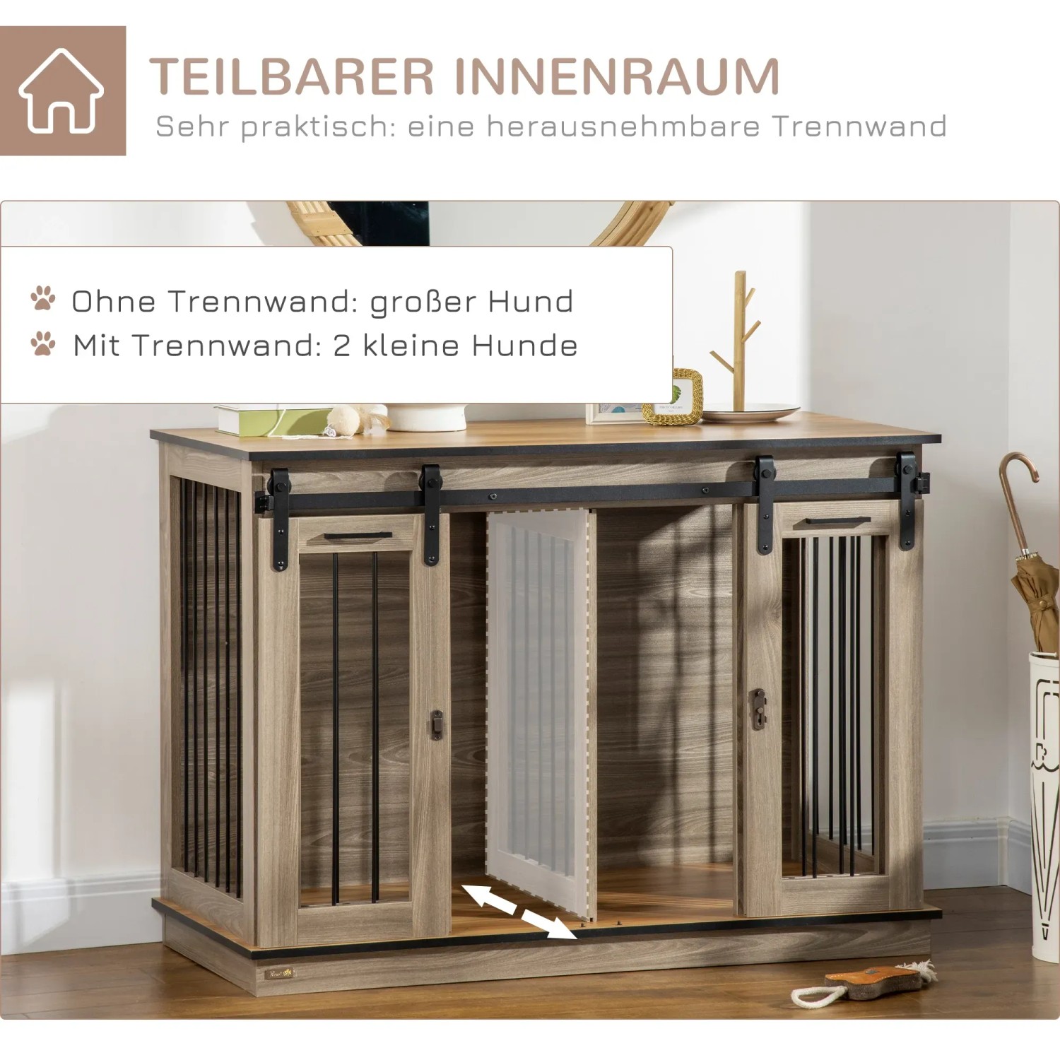 PawHut Hundehütte Eiche mit Doppeltüren und Zweiraum-Option, flexibel teilbarer Hundezwinger.