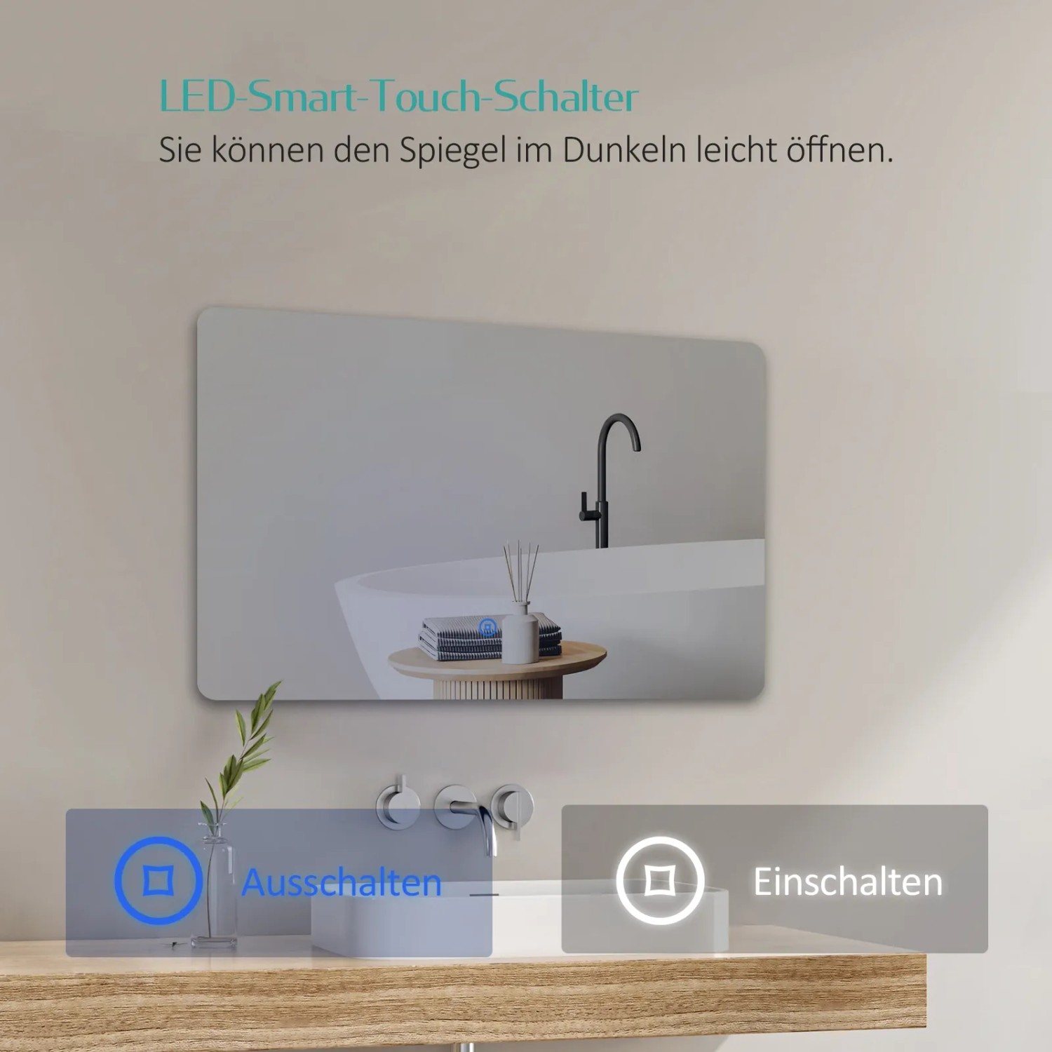 Emke Badspiegel 100x60 cm mit LED-Beleuchtung und Touchschalter in Kaltweiß, dimmbar.