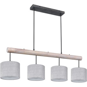 Globo Pendelleuchte Roger, 4-flammig, schwarz-grau, mit Textilschirm und Holzelementen.