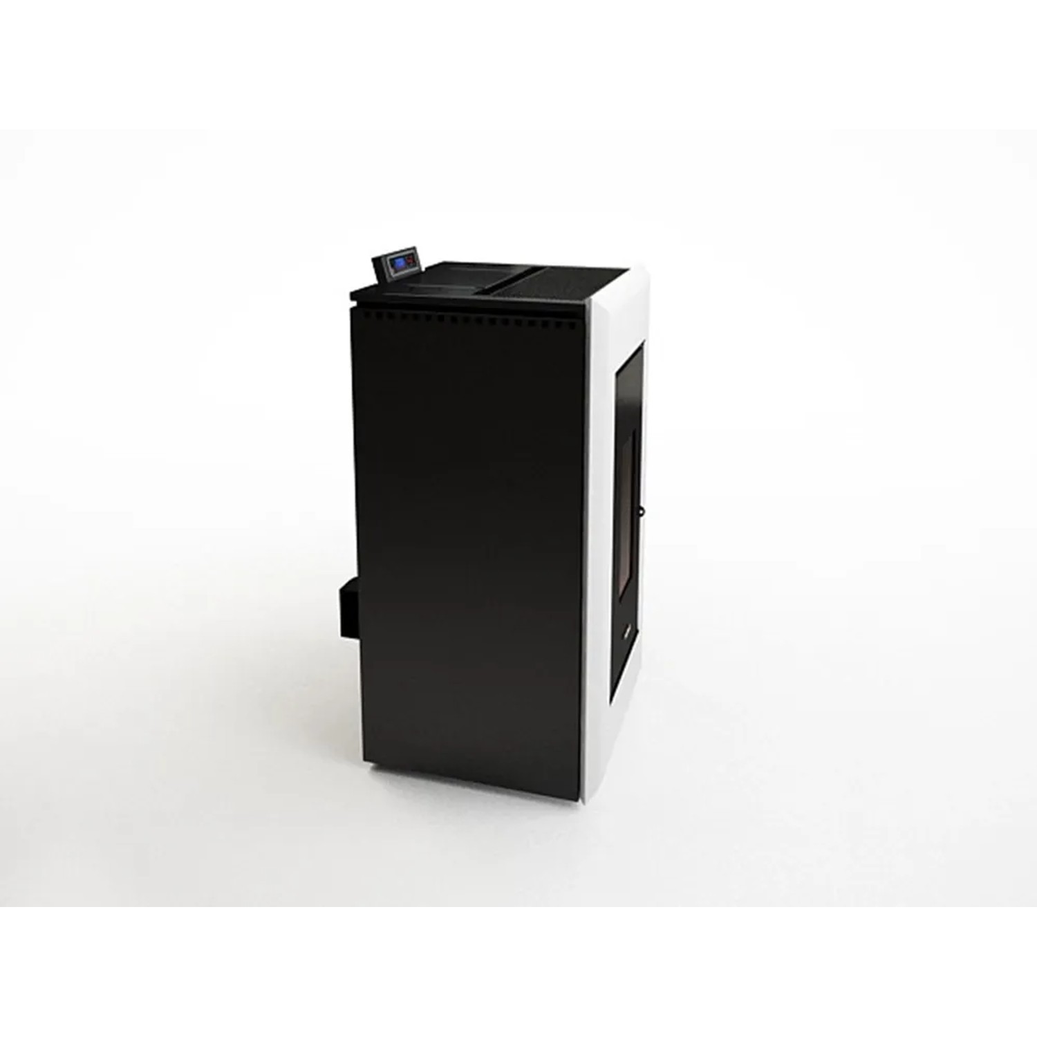Freepoint Pelletofen Vega, Stahl weiß, 10,5 kW, Seitenansicht. Pelletofen mit Automatik und Stahlverkleidung.