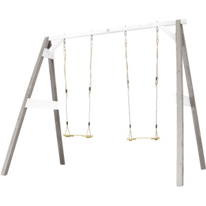 Axi Doppelschaukel in Grau und Weiß mit zwei Holzschaukelsitzen für Kinder.