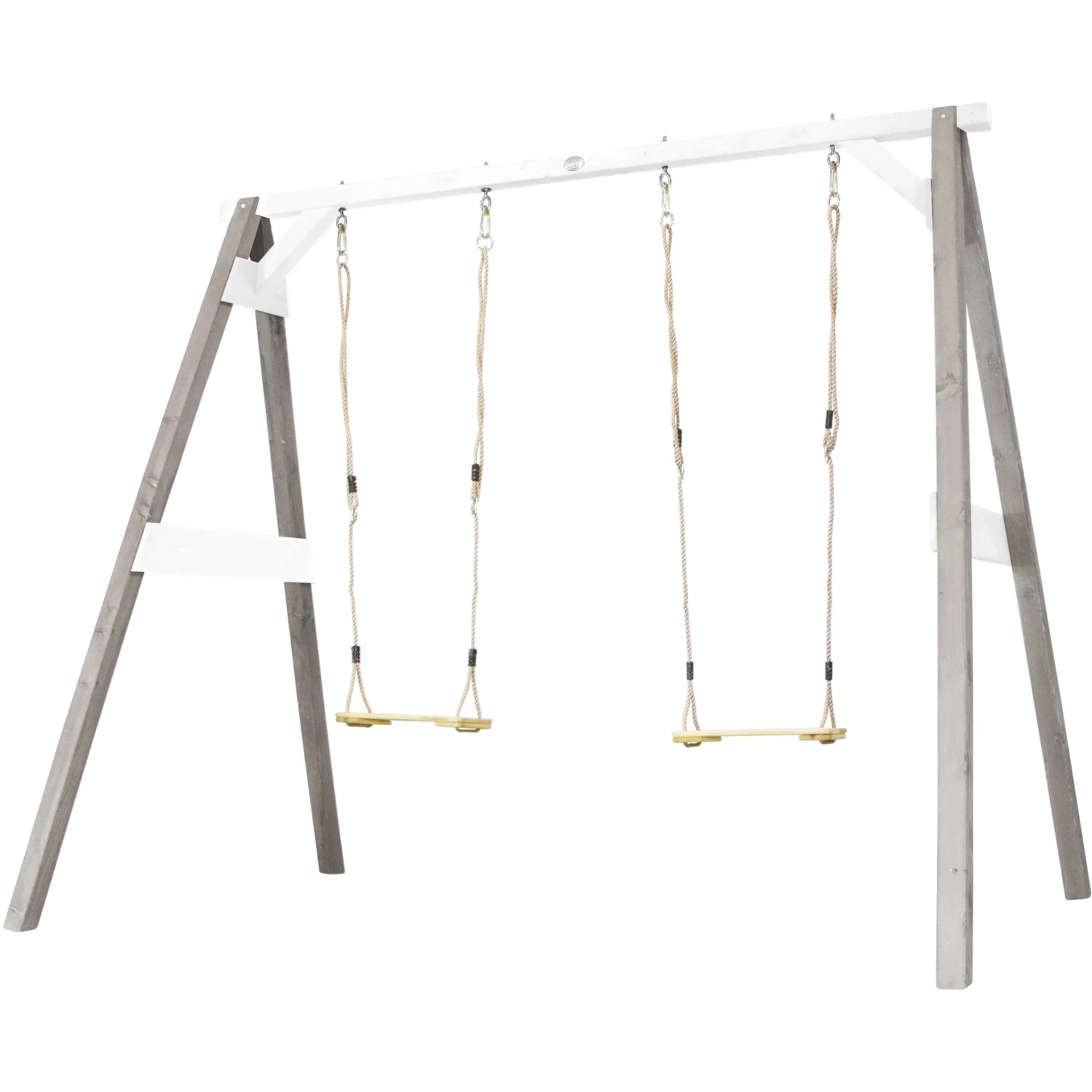 Axi Doppelschaukel in Grau und Weiß mit zwei Holzschaukelsitzen für Kinder.
