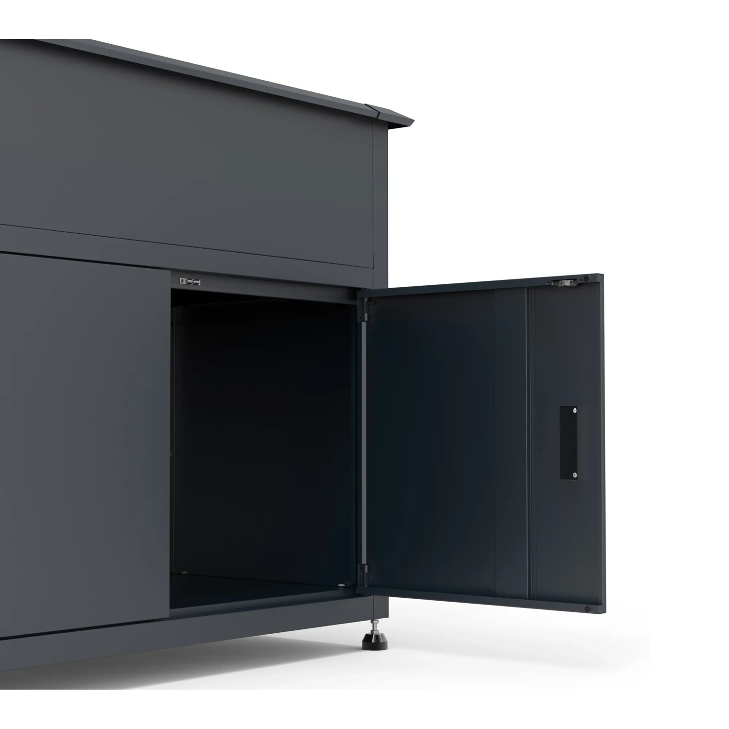 Westmann Metall-Hochbeet Plexa anthrazit mit geöffneter Stauraumtür.