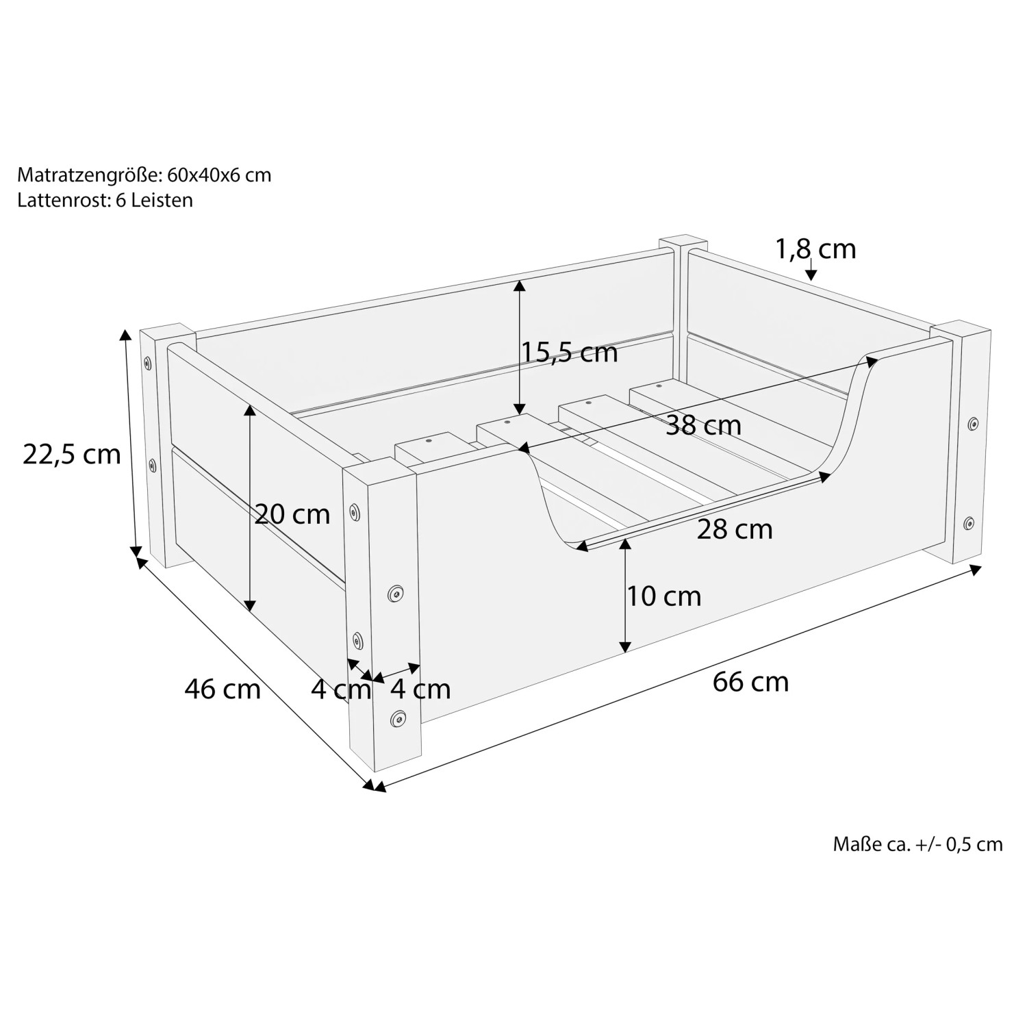 Skizze Tierbett aus Kiefernholz, 60x40 cm, mit Rollrost. Ideal als Hundesofa oder Katzenbett.