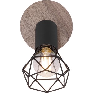 Globo Spot Xara I: Wandspot mit schwarzem Metallgitter und Holz-Applikation, ideal als dekorative Beleuchtung.