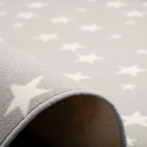 Grauer, runder Kinderteppich mit Sternenmuster, Snapstyle, 100 cm Durchmesser.
