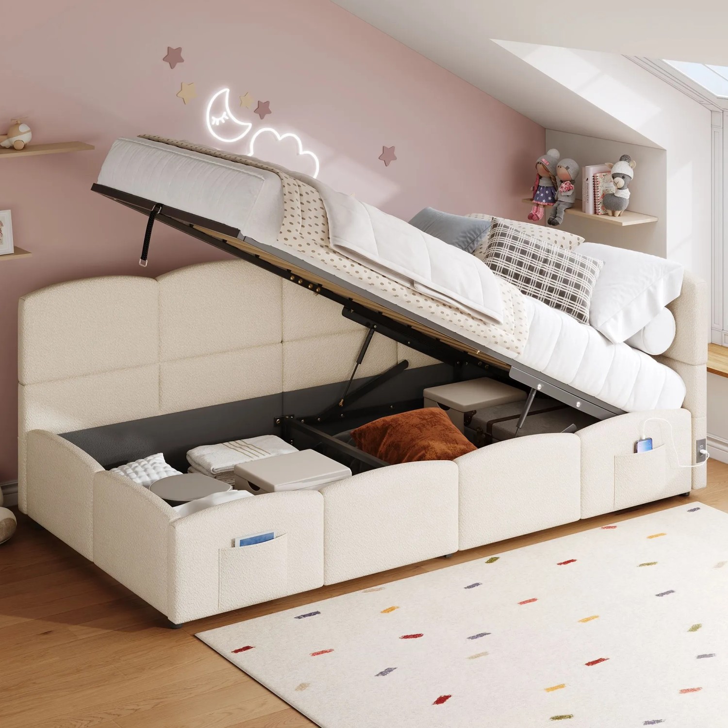 Merax Kinder Polsterbett 90 x 200 cm mit USB Stautasche Bouclé Beige