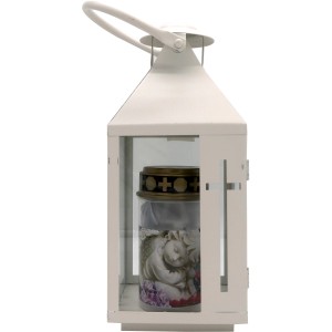 Weiße FlowerPower Grablampe Lori mit Engel-Motiv und Grabkerze, 12,2x28,5x12,5 cm.