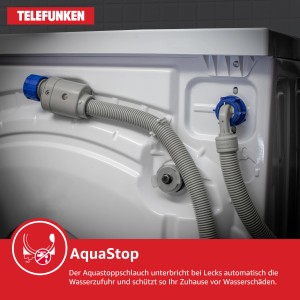 Rückansicht Telefunken Waschmaschine mit AquaStop-Schlauch für Wasserschutz.