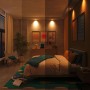 Philips Smart-LED-Leuchtmittel GU10 Set im Schlafzimmer, zeigt warmweißes bis kaltweißes Licht für individuelle Lichtstimmung.